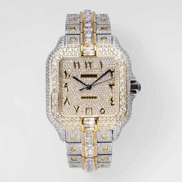 Round Moissanite Diamond Studded Fully Iced Out Black Dial Quartz Glass Yellow Gold Wrist Watches for Unisex Luxury Fashion