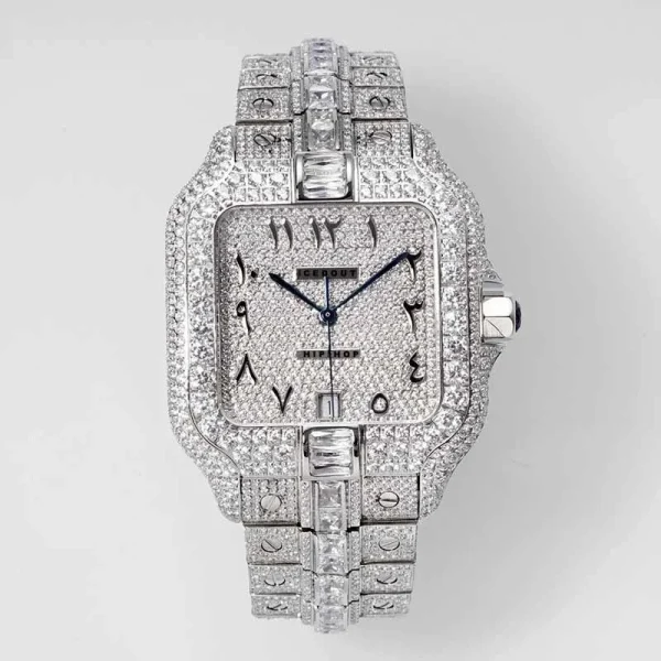 Round Moissanite Diamond Studded Fully Iced Out Black Dial Quartz Glass Yellow Gold Wrist Watches for Unisex Luxury Fashion