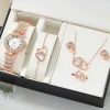 Fashion Ladies Quartz Watch 6pcs Rhinestone Jewelry Women Necklace Ring Earrings Gifts Jewelry Set Without Box