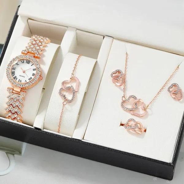 Fashion Ladies Quartz Watch 6pcs Rhinestone Jewelry Women Necklace Ring Earrings Gifts Jewelry Set Without Box