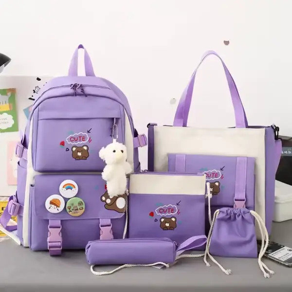 Five-piece Student Schoolbag Female Primary School Student Storage School Student Backpack Oxford Shoulder Storage Bag Kids