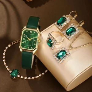 New Women's Casual Quartz Watch Rhinestone Jewelry Set Latest Fashionable Leather Band Alloy Case Glass Dial Window Pointer