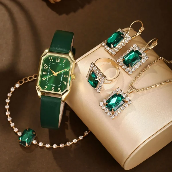 New Women's Casual Quartz Watch Rhinestone Jewelry Set Latest Fashionable Leather Band Alloy Case Glass Dial Window Pointer