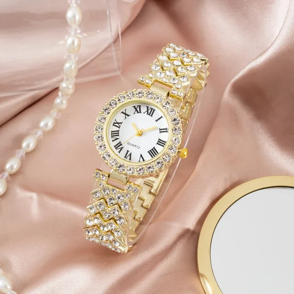 Fashion Ladies Quartz Watch 6pcs Rhinestone Jewelry Women Necklace Ring Earrings Gifts Jewelry Set Without Box