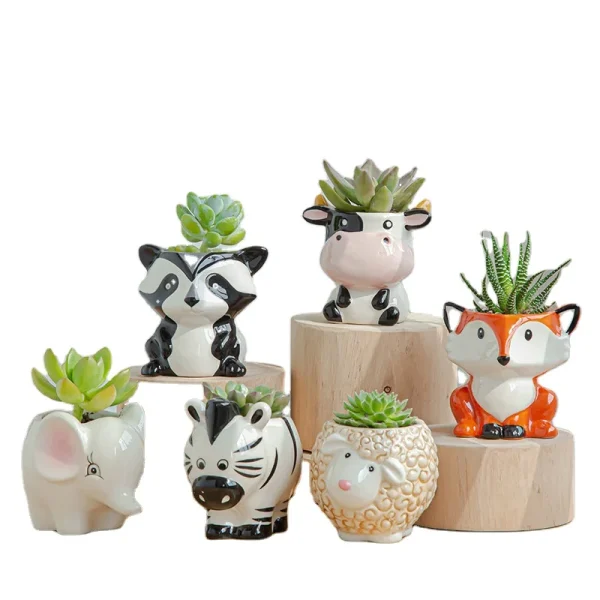 OEM Large Glazed Ceramic Flower Pot Planter Set Cute Mini Animal (Owl Fox) Succulent Planters for Home Garden Floor