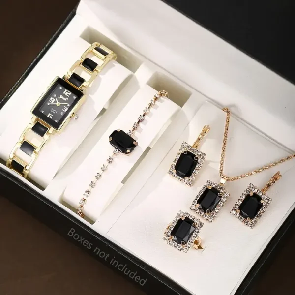 5pcs Stylish Fashion Jewelry Set Sparkling Cubic Zircon Black Crystal Rings Bracelet Necklaces Earing Quartz Watch Set for Women