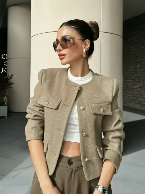 Women 2024 Autumn Winter Small Fragrance Fashion Coat Button-Decorated Round Neck Solid Color Short Suit Jacket