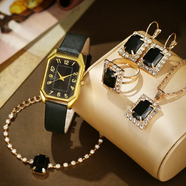 New Women's Casual Quartz Watch Rhinestone Jewelry Set Latest Fashionable Leather Band Alloy Case Glass Dial Window Pointer
