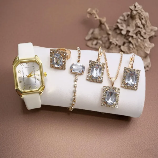 New Women's Casual Quartz Watch Rhinestone Jewelry Set Latest Fashionable Leather Band Alloy Case Glass Dial Window Pointer