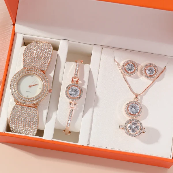 In Stock! 5pcs/box Luxury Watches Reloj Mujer Women Fashion Necklace Bracelet Earring Ring Watches for Women Watch Gift Set