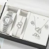 Fashion Ladies Quartz Watch 6pcs Rhinestone Jewelry Women Necklace Ring Earrings Gifts Jewelry Set Without Box