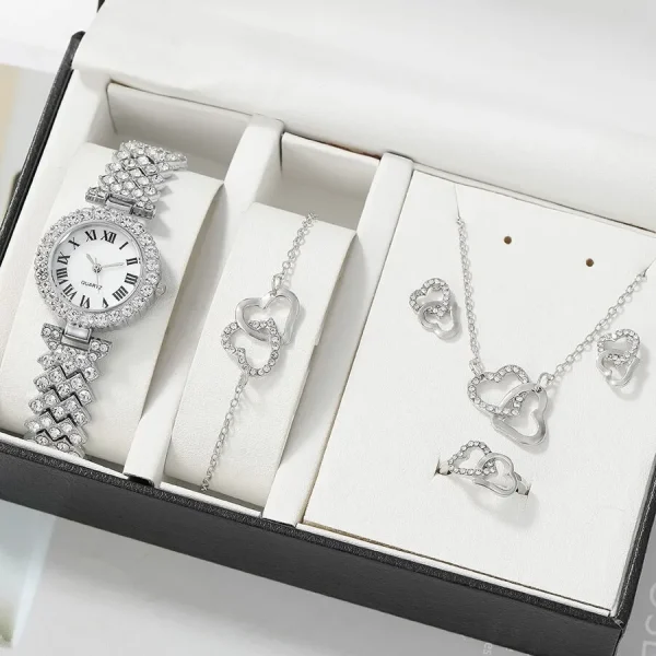 Fashion Ladies Quartz Watch 6pcs Rhinestone Jewelry Women Necklace Ring Earrings Gifts Jewelry Set Without Box