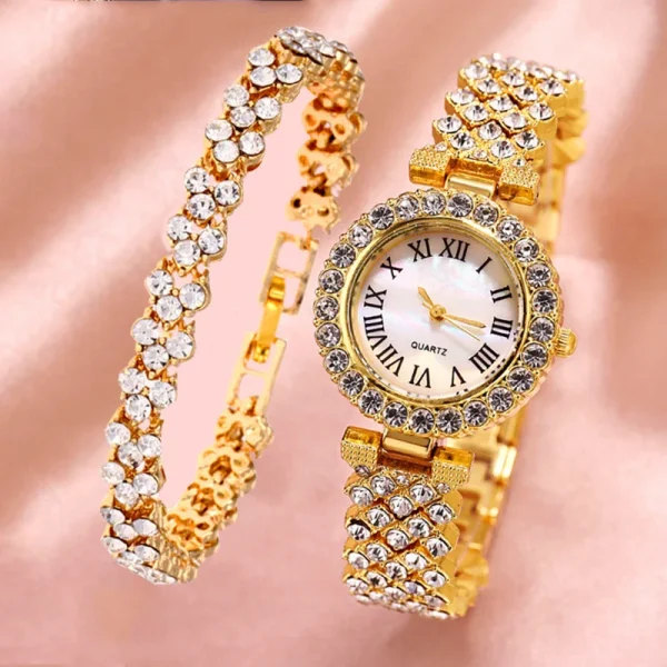 Fashion  Luxury Watch Bling Bling Full Crystals Lady Watches Crystal Rose Gold Bracelet Souvenirs Gift Sets