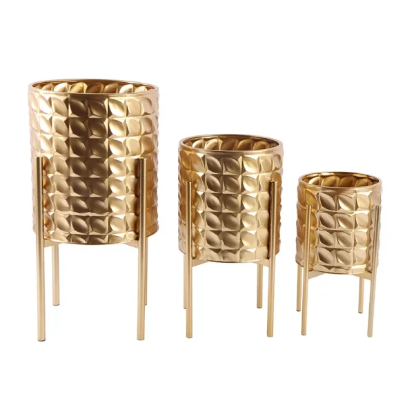 Modern Luxury Gold Tall Galvanized Iron Floor Planters with Elegant Metal Stands Set of 2 or 3 for Garden Wedding Decor