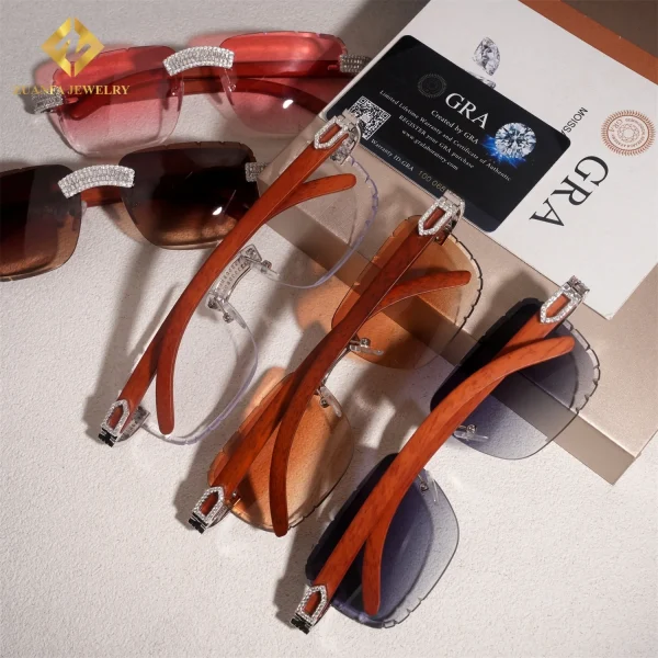 Luxury BaguetteCut Moissanite Diamond Sunglasses Rimless Glasses  Iced Out 925 Silver Outdoor Sunglasses