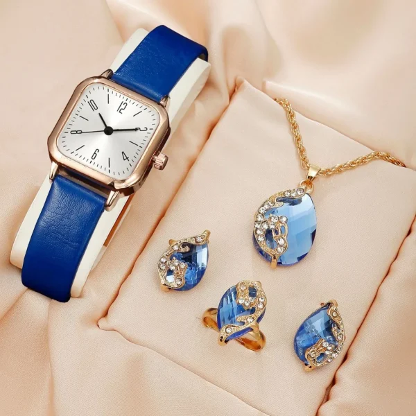 5 PCS Fashion Woman Quartz Watch Casual Female Bracelet Gift Watch for Women Ring Necklace Earring Rhinestone Set Wrist Watches