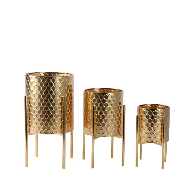 Modern Luxury Gold Tall Galvanized Iron Floor Planters with Elegant Metal Stands Set of 2 or 3 for Garden Wedding Decor