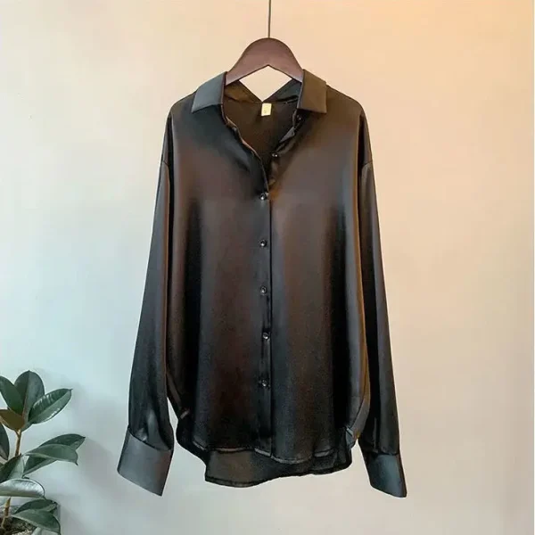 Women's Long Sleeve Satin Shirts Spring New Fashion Office Lady Tops Retro Style Lapel Button Casual Shirt