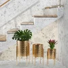 Modern Luxury Gold Tall Galvanized Iron Floor Planters with Elegant Metal Stands Set of 2 or 3 for Garden Wedding Decor
