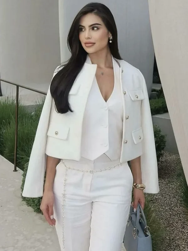 Women 2024 Autumn Winter Small Fragrance Fashion Coat Button-Decorated Round Neck Solid Color Short Suit Jacket