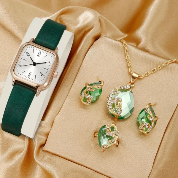 5 PCS Fashion Woman Quartz Watch Casual Female Bracelet Gift Watch for Women Ring Necklace Earring Rhinestone Set Wrist Watches