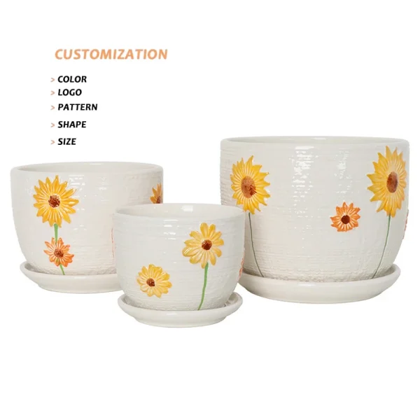Outdoor Garden Pot Creative Hand Drawing Sunflower Ceramic Planter 3 Pcs Set Succulent Plant Pot Indoor Decor Ceramic Flower Pot