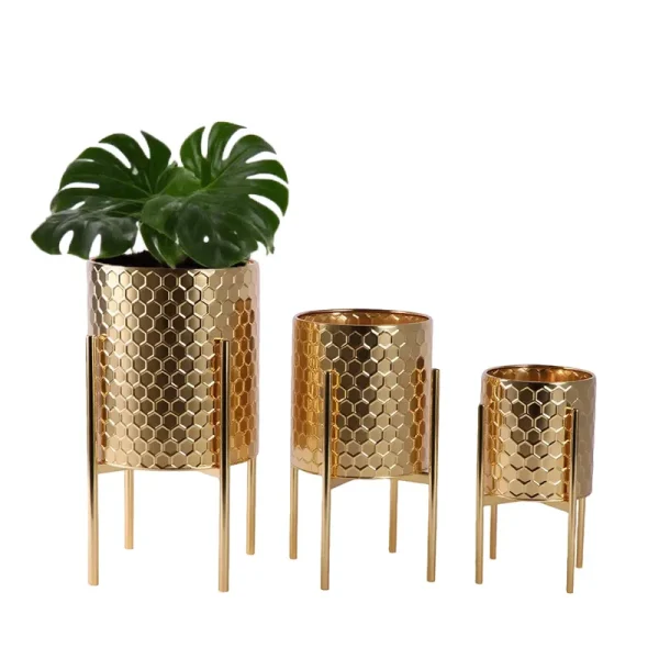 Modern Luxury Gold Tall Galvanized Iron Floor Planters with Elegant Metal Stands Set of 2 or 3 for Garden Wedding Decor