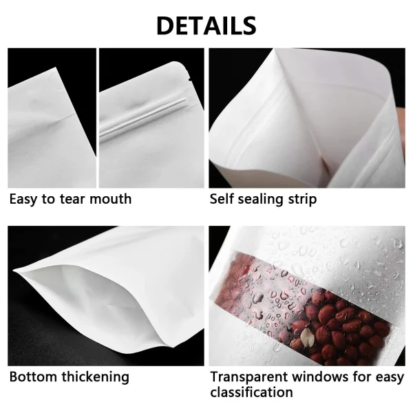 Stand up White Kraft Paper Reclosable Ziplock Plain Heat Sealable Food Packaging Doypack Pouches Bags With Matte Window