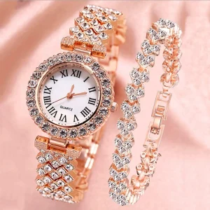 Fashion  Luxury Watch Bling Bling Full Crystals Lady Watches Crystal Rose Gold Bracelet Souvenirs Gift Sets