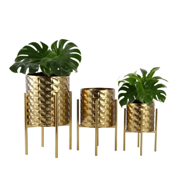 Modern Luxury Gold Tall Galvanized Iron Floor Planters with Elegant Metal Stands Set of 2 or 3 for Garden Wedding Decor