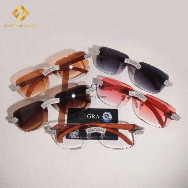 Luxury BaguetteCut Moissanite Diamond Sunglasses Rimless Glasses  Iced Out 925 Silver Outdoor Sunglasses
