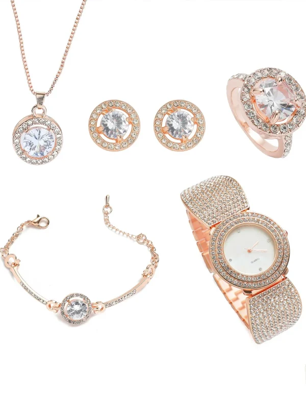 In Stock! 5pcs/box Luxury Watches Reloj Mujer Women Fashion Necklace Bracelet Earring Ring Watches for Women Watch Gift Set