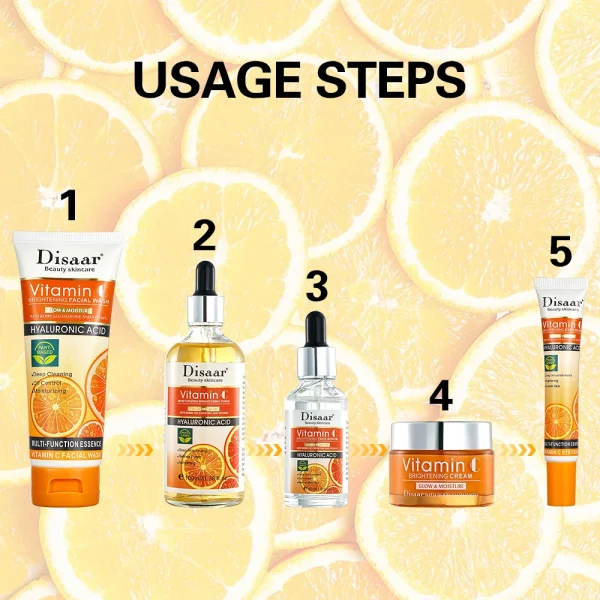 Disaar Wholesale Bright Vitamin C Skin Care Set(new) Beauty the Best 5 in 1 Face Wash Serum Toner Cream and Eye Cream