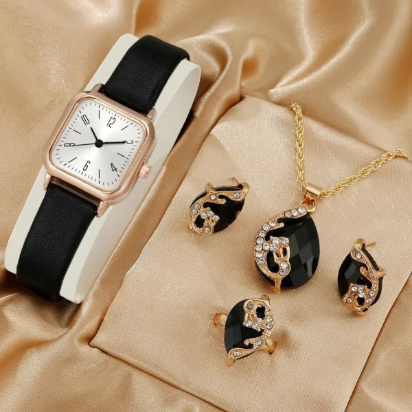 5 PCS Fashion Woman Quartz Watch Casual Female Bracelet Gift Watch for Women Ring Necklace Earring Rhinestone Set Wrist Watches