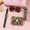 Hot Sale Fashion Luxury Wholesale 4pcs Ladies' Jewelry Leopard Print Style Glasses Bag Belt Quartz Watch Set Gift Box for Women