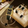 New Women's Casual Quartz Watch Rhinestone Jewelry Set Latest Fashionable Leather Band Alloy Case Glass Dial Window Pointer