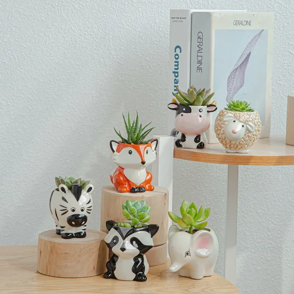 OEM Large Glazed Ceramic Flower Pot Planter Set Cute Mini Animal (Owl Fox) Succulent Planters for Home Garden Floor