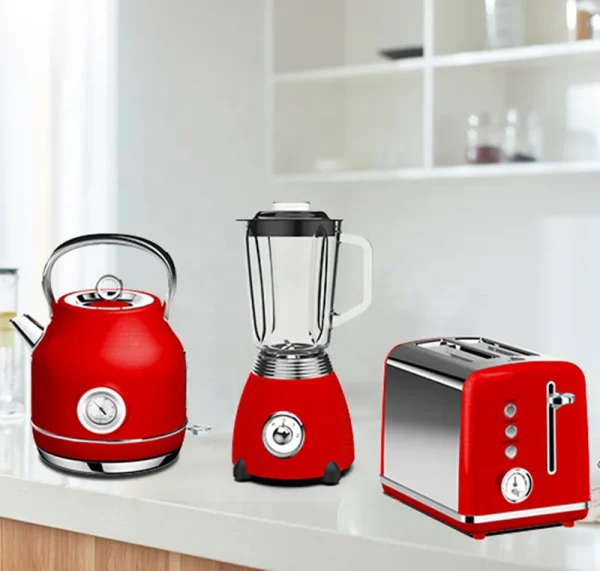 Top Grade Retro Stylish Kitchen Appliance 3 in 1 Stainless Steel 2 Slices Toaster 1.7L Water Kettle and Blender Set