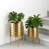 Modern Luxury Gold Tall Galvanized Iron Floor Planters with Elegant Metal Stands Set of 2 or 3 for Garden Wedding Decor
