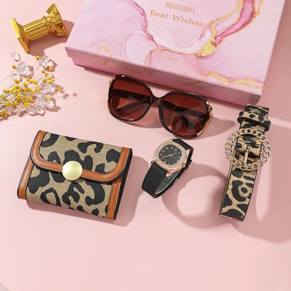 Hot Sale Fashion Luxury Wholesale 4pcs Ladies' Jewelry Leopard Print Style Glasses Bag Belt Quartz Watch Set Gift Box for Women