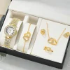 Fashion Ladies Quartz Watch 6pcs Rhinestone Jewelry Women Necklace Ring Earrings Gifts Jewelry Set Without Box