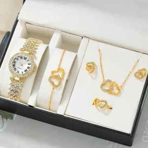 Fashion Ladies Quartz Watch 6pcs Rhinestone Jewelry Women Necklace Ring Earrings Gifts Jewelry Set Without Box