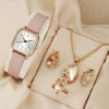 5 PCS Fashion Woman Quartz Watch Casual Female Bracelet Gift Watch for Women Ring Necklace Earring Rhinestone Set Wrist Watches