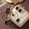 5pcs Stylish Fashion Jewelry Set Sparkling Cubic Zircon Black Crystal Rings Bracelet Necklaces Earing Quartz Watch Set for Women