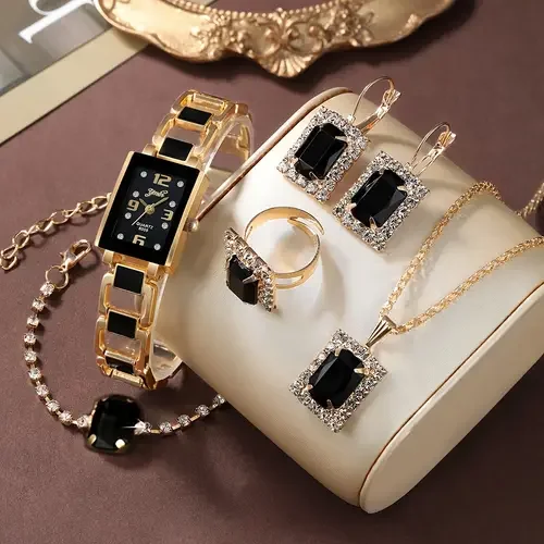 5pcs Stylish Fashion Jewelry Set Sparkling Cubic Zircon Black Crystal Rings Bracelet Necklaces Earing Quartz Watch Set for Women