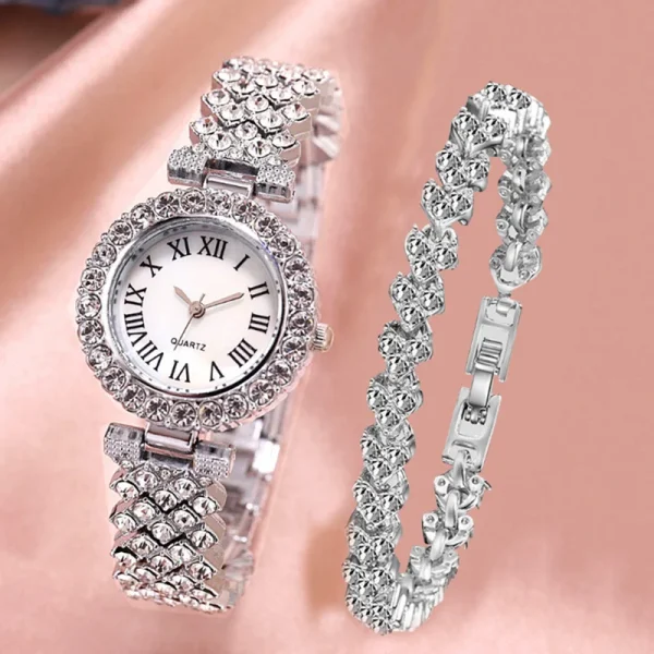 Fashion  Luxury Watch Bling Bling Full Crystals Lady Watches Crystal Rose Gold Bracelet Souvenirs Gift Sets
