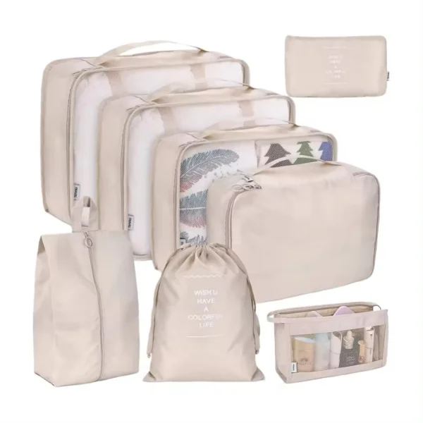8Pcs Fabric and Oxford Sport Style Travel Storage Organizer Luggage Set Packing Cubes Clothes Bag with Zipper Closure