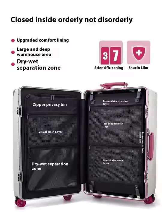 Wholesale 20/24/26Inch Trunk PC with Aluminum Suitcase Travel Luggage Wide-trolley Suitcase TSA Lock Carry on Leather Handle