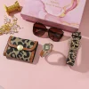 Hot Sale Fashion Luxury Wholesale 4pcs Ladies' Jewelry Leopard Print Style Glasses Bag Belt Quartz Watch Set Gift Box for Women