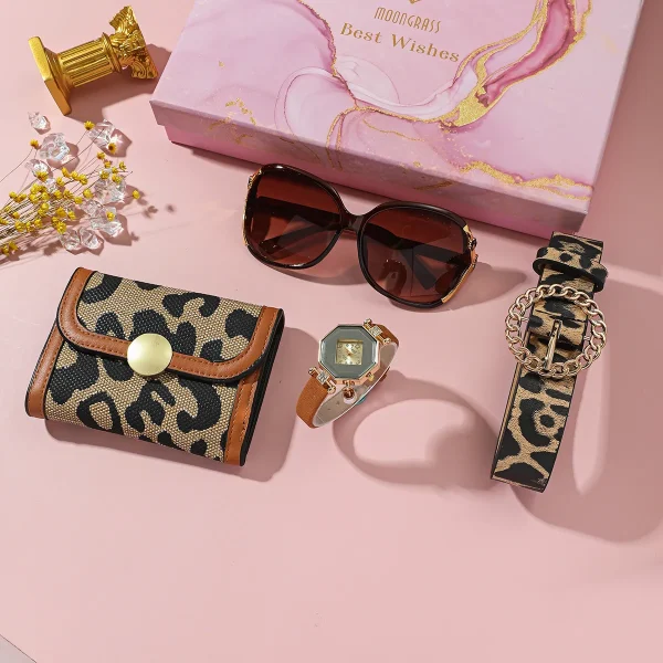 Hot Sale Fashion Luxury Wholesale 4pcs Ladies' Jewelry Leopard Print Style Glasses Bag Belt Quartz Watch Set Gift Box for Women